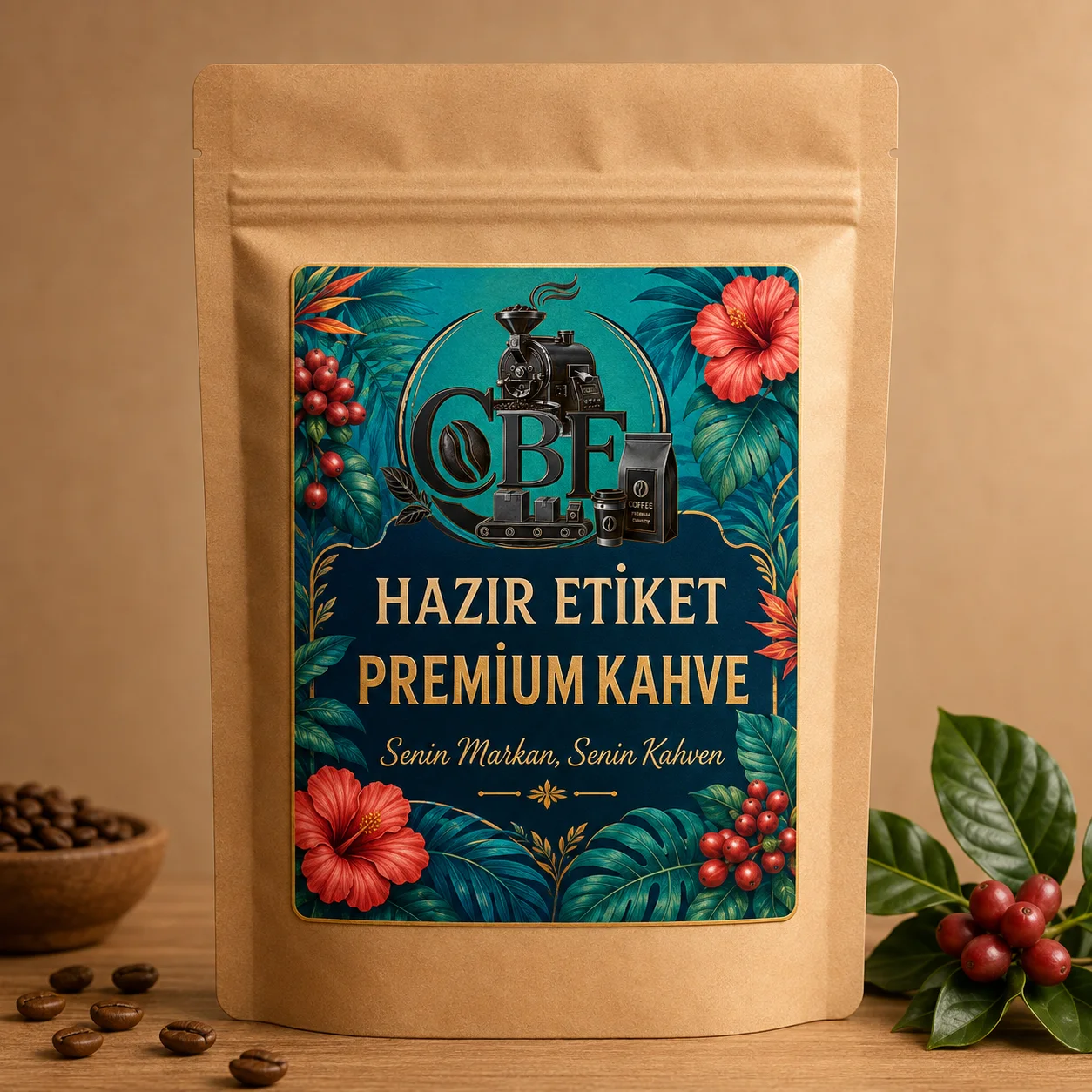 Etiketli ve valfli kahve ambalajı örneği